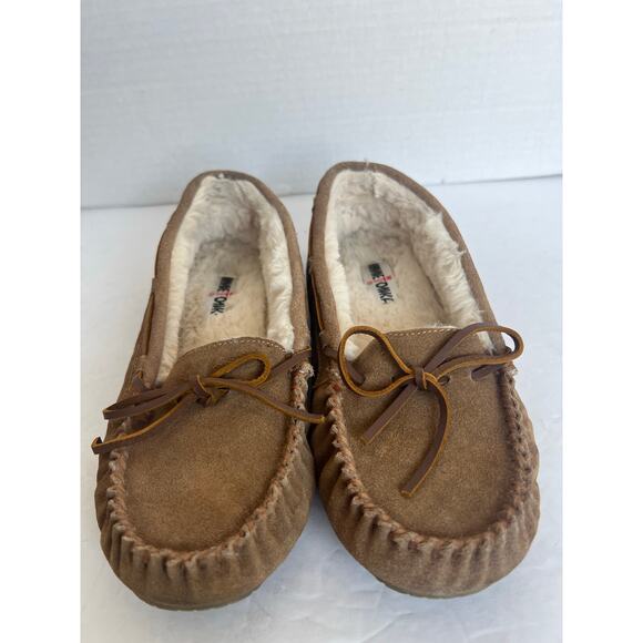 Minnetonka Cally Brown Suede Slip On Faux Fur Lined Bow Flat Slipper Shoes Sz 10 - Picture 3 of 11